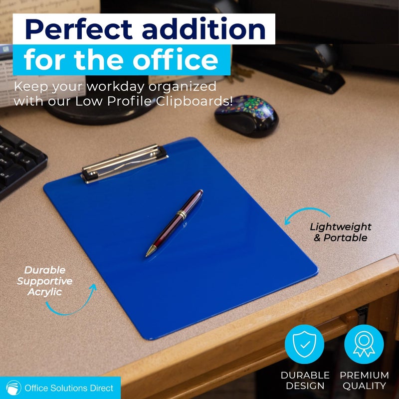 Office Solutions Direct لوح كتابة بلاستيكي أزرق مع مشبك منخفض (عبوة من 12) - لوح بحجم رسالة أزرق مع مشبك مسطح، لوح أكريليك بحجم A4 للأولاد والبنات | لوازم مدرسية لطيفة وجميلة للجامعة والعودة إلى المدرسة - Image 3